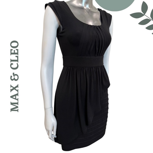 Max & Cleo Black Drape Front Cocktail Dress Cap Sleeve Stretch (Size 2) - Picture 2 of 6